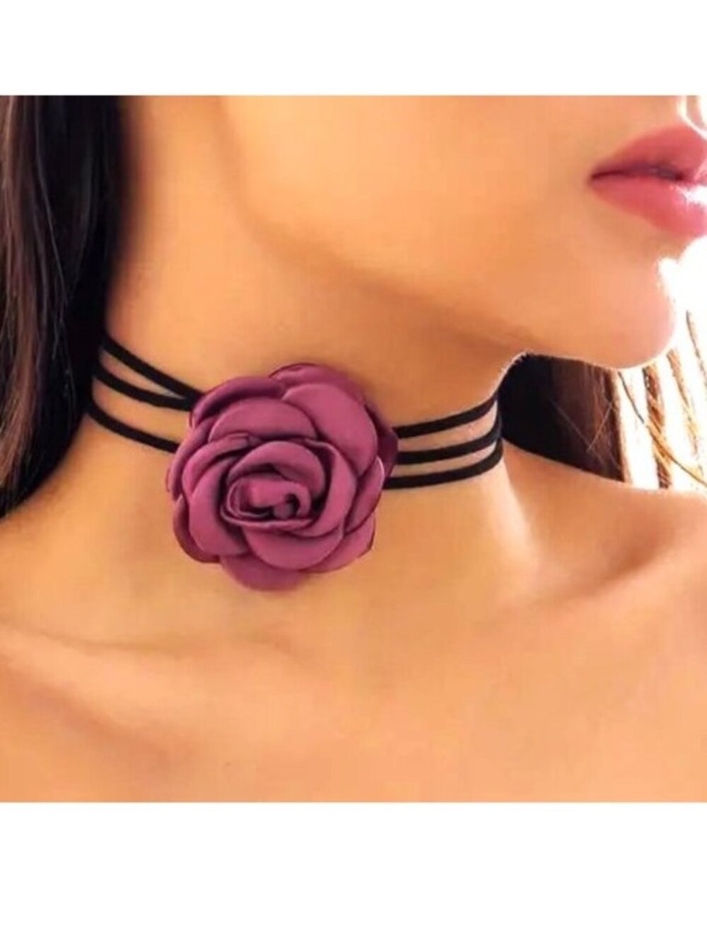 Choker Necklace Rose Flower Sexy Collar Sexy Edgy Glam Scene Rave Black Stylish